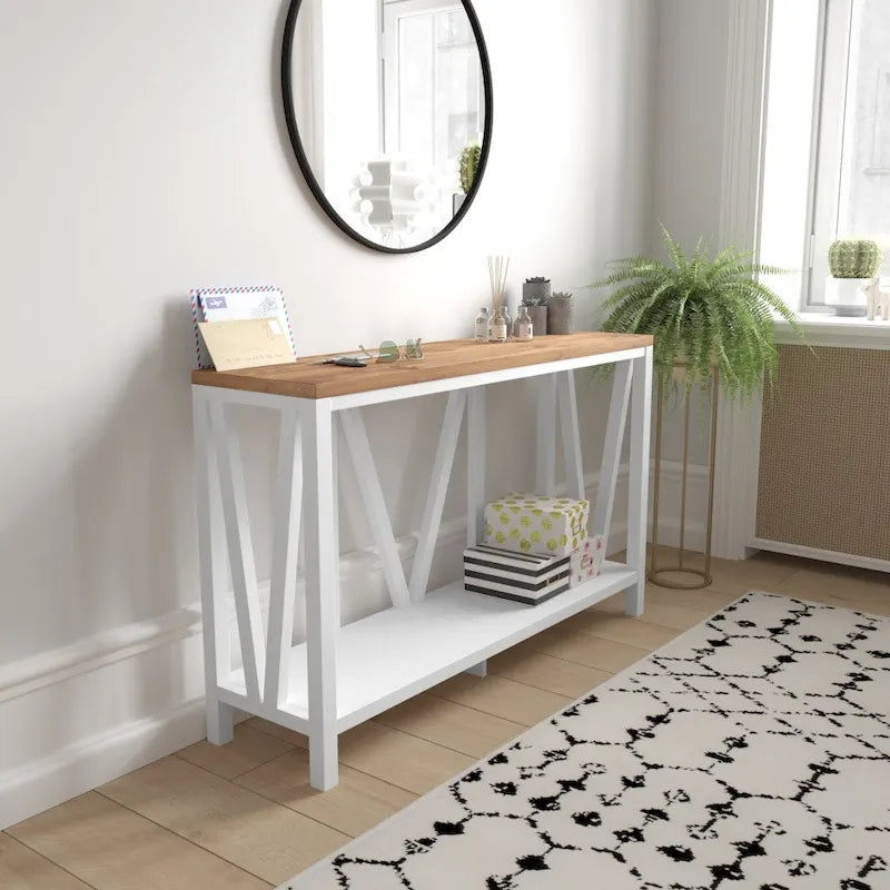2-Tier Console Entryway Table – Black/Walnut / White/Oak / Oak/Marble / Oak/Concrete, Farmhouse Style