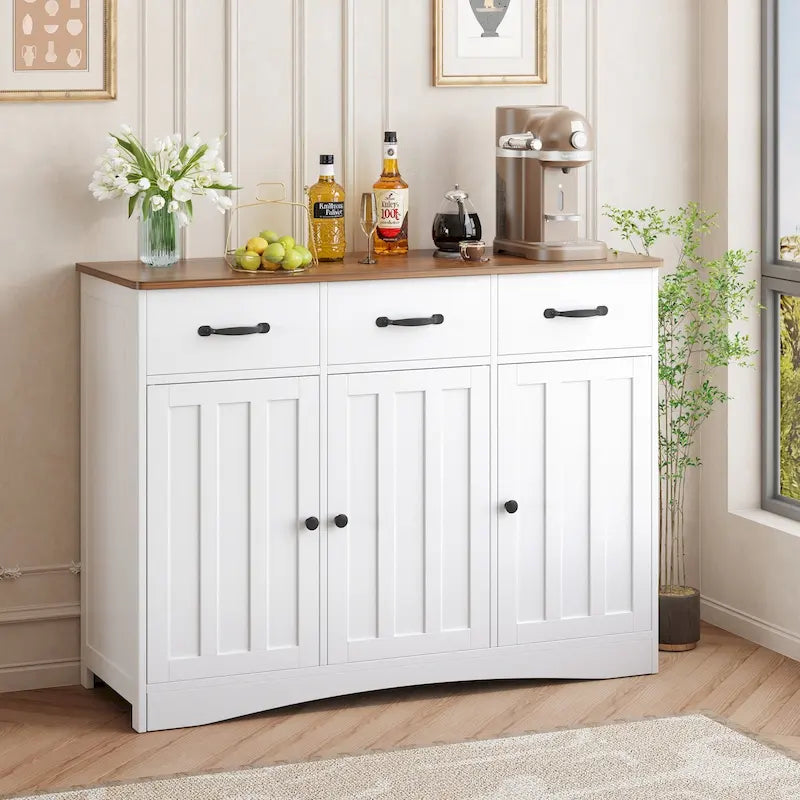 3-Door 3-Drawer Buffet Sideboard – Retro / Grey, Farmhouse Style
