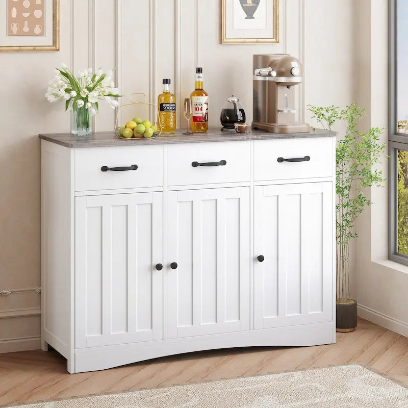 3-Door 3-Drawer Buffet Sideboard – Retro / Grey, Farmhouse Style