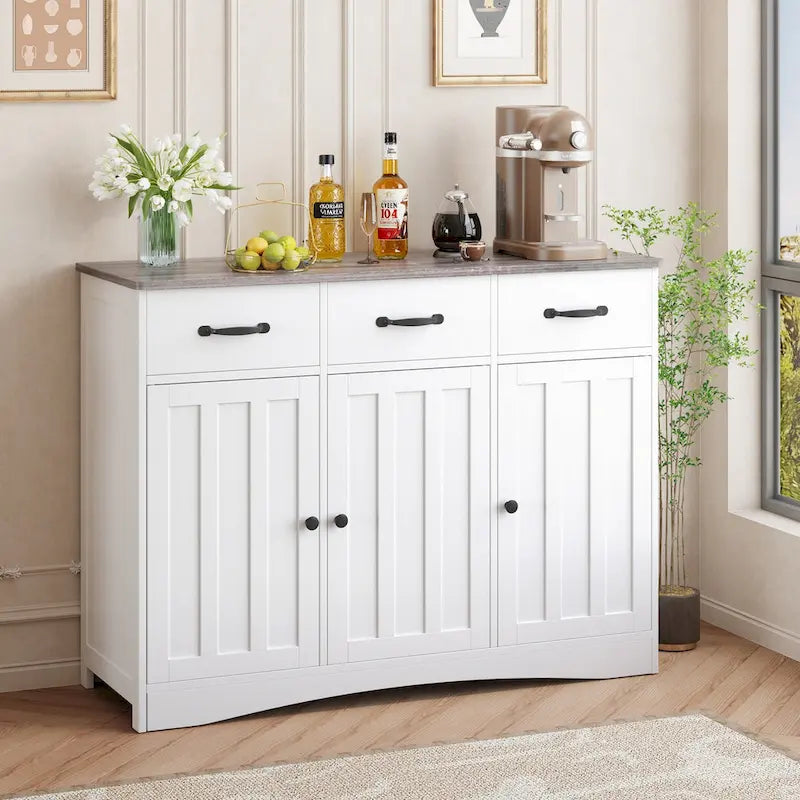 3-Door 3-Drawer Buffet Sideboard – Retro / Grey, Farmhouse Style