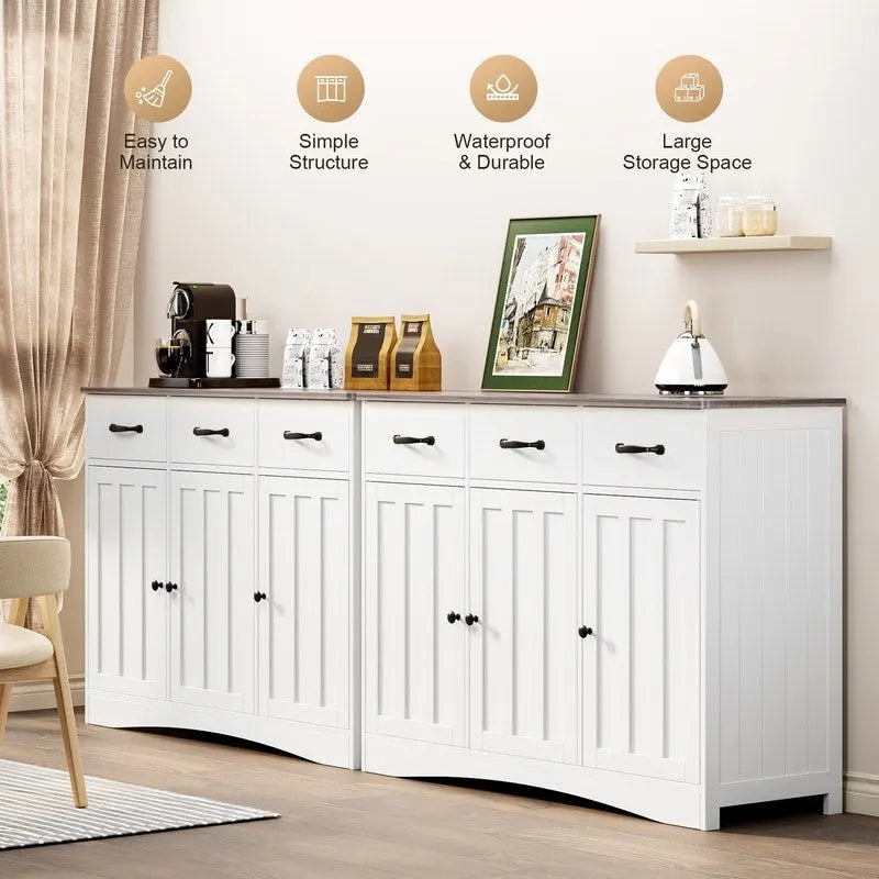 3-Door 3-Drawer Buffet Sideboard – Retro / Grey, Farmhouse Style