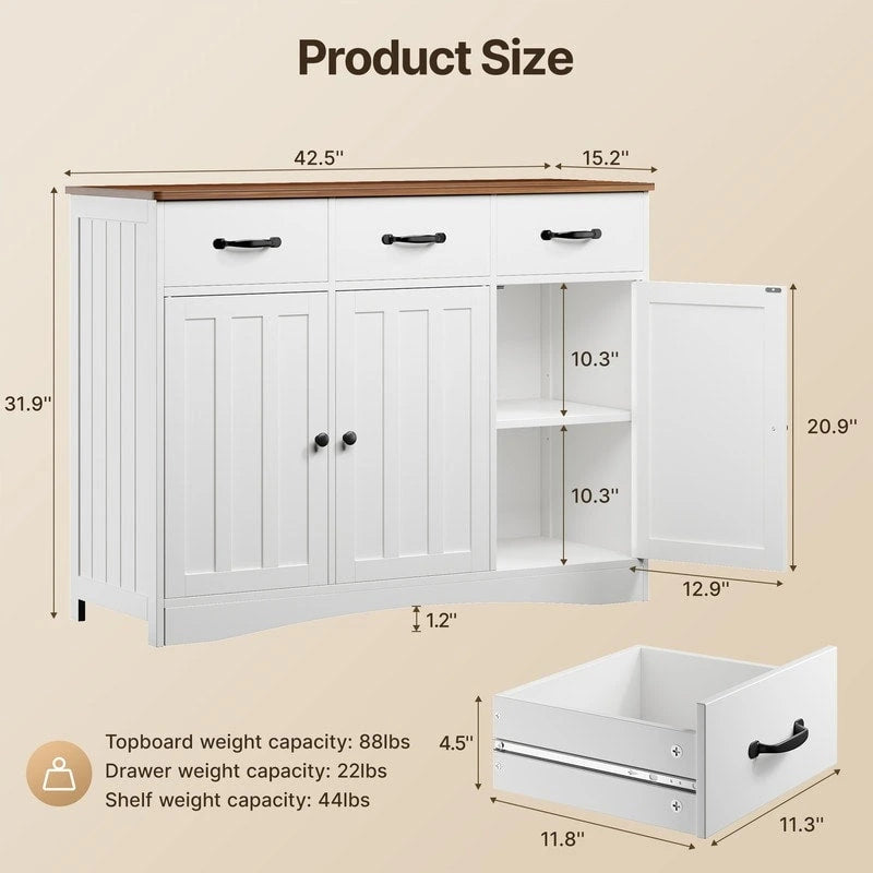 3-Door 3-Drawer Buffet Sideboard – Retro / Grey, Farmhouse Style