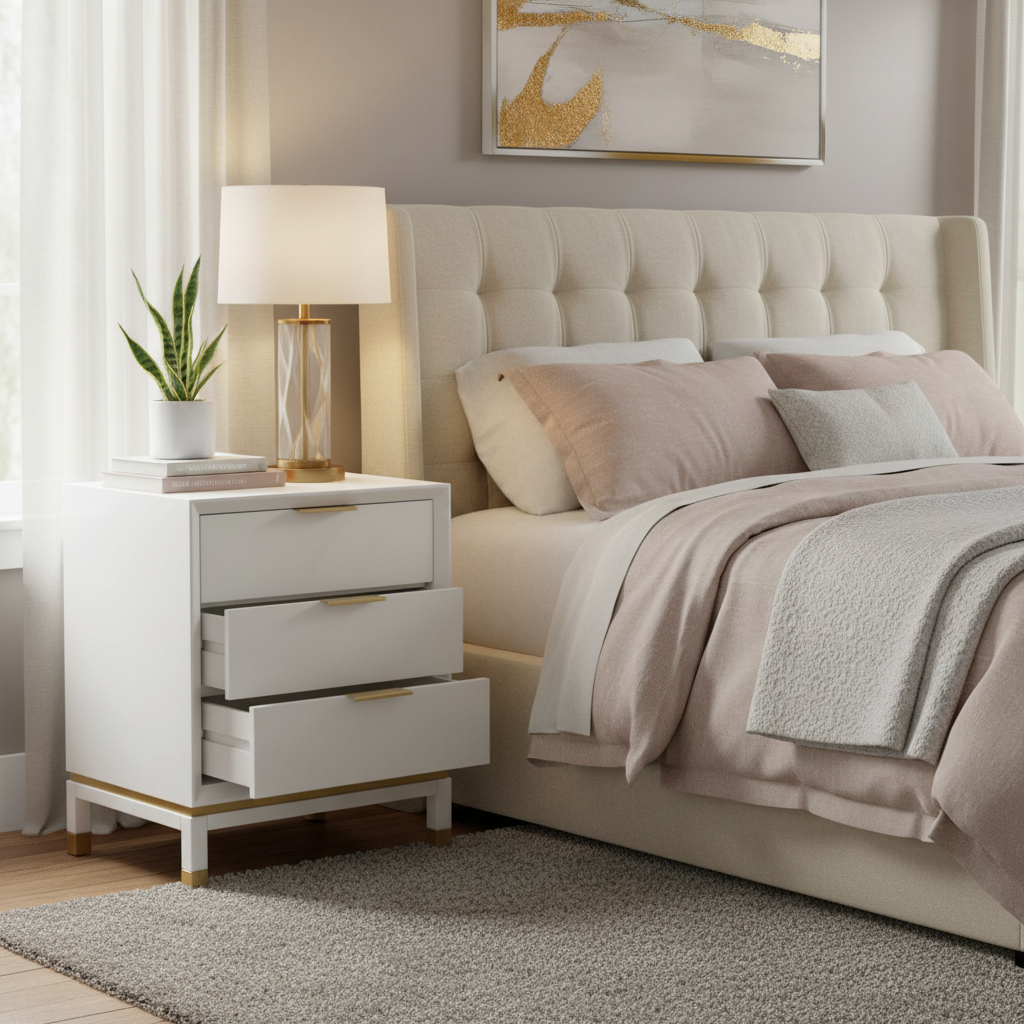 3-Drawer Nightstand Accent Table with Gold-Capped Legs – White, Glam Style