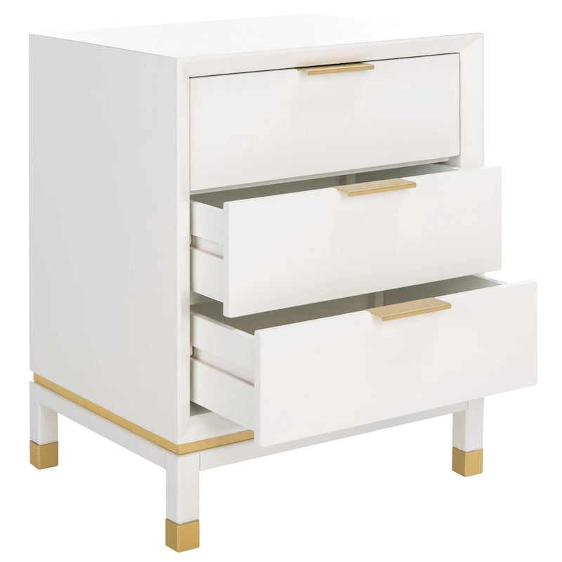 3-Drawer Nightstand Accent Table with Gold-Capped Legs – White, Glam Style