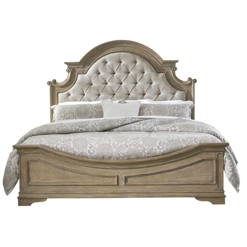 Tufted Tweed Upholstered Panel Bed with Arched Headboard – Weathered Bisque, European Traditional Style