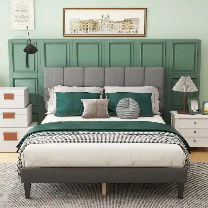Queen Size Platform Bed Frame with Fabric Upholstered Headboard and Wooden Slats Support, No Box Spring Needed/Easy Assembly