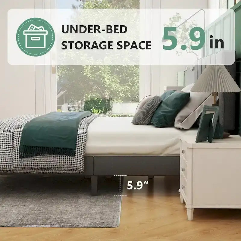 Linen Upholstered Platform Bed with Wooden Slats – Dark Grey / Light Grey, Modern Style