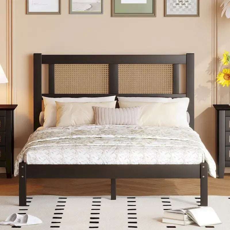 Wood Platform Bed with Rattan Headboard – White / Black, Bohemian Style