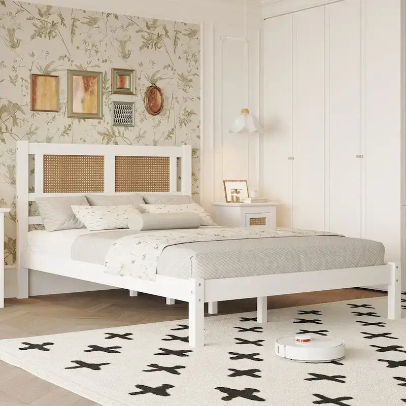 Wood Platform Bed with Rattan Headboard – White / Black, Bohemian Style