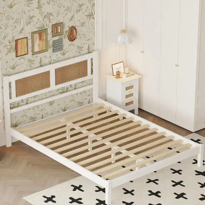 Wood Platform Bed with Rattan Headboard – White / Black, Bohemian Style
