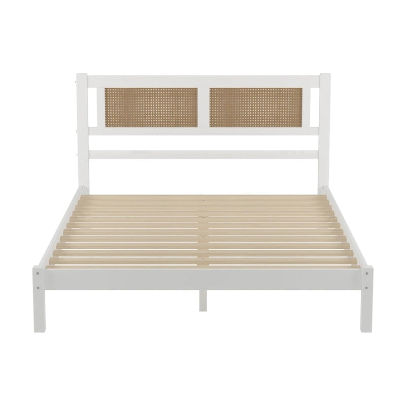 Wood Platform Bed with Rattan Headboard – White / Black, Bohemian Style