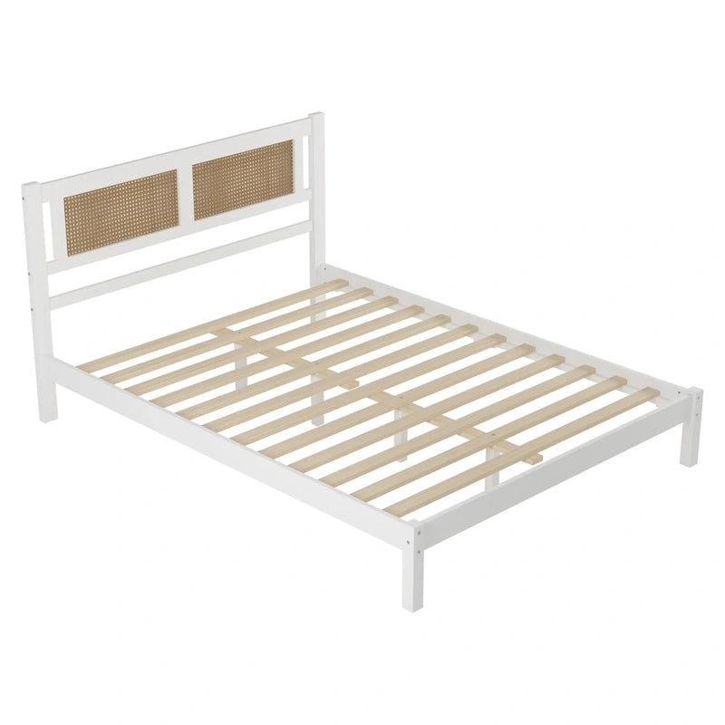 Wood Platform Bed with Rattan Headboard – White / Black, Bohemian Style