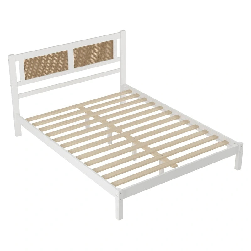 Wood Platform Bed with Rattan Headboard – White / Black, Bohemian Style