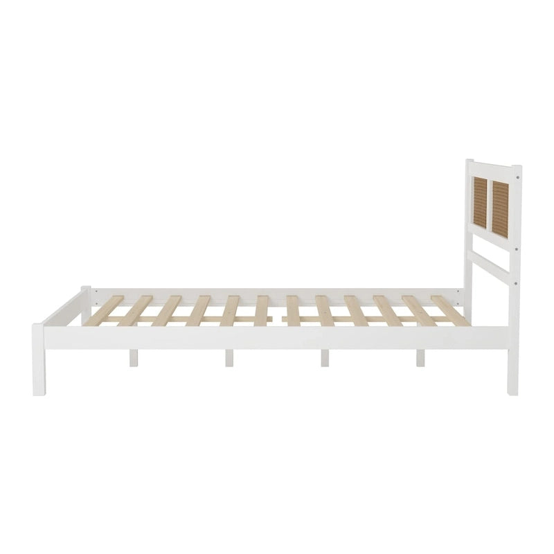 Wood Platform Bed with Rattan Headboard – White / Black, Bohemian Style