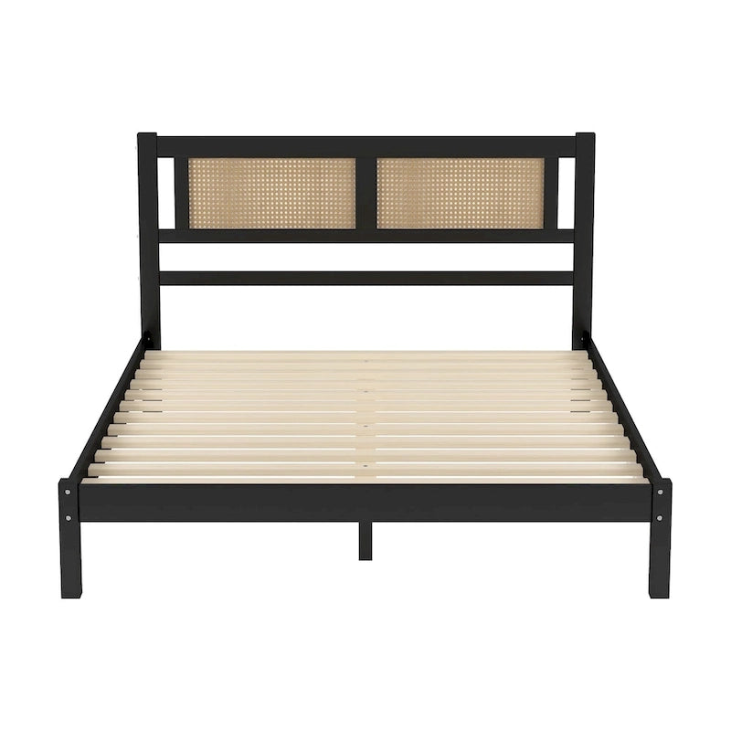 Wood Platform Bed with Rattan Headboard – White / Black, Bohemian Style