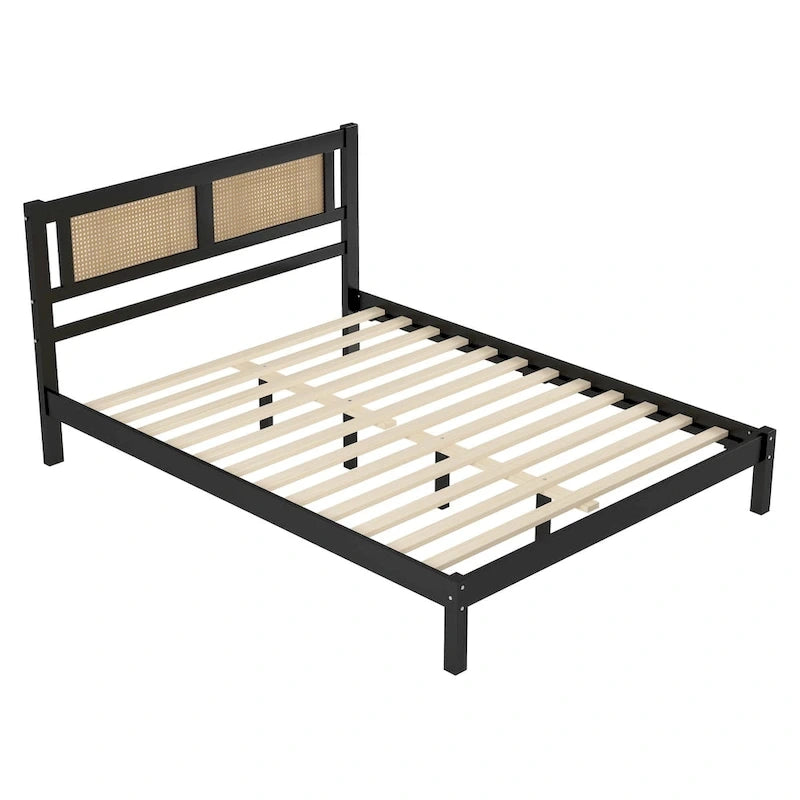 Wood Platform Bed with Rattan Headboard – White / Black, Bohemian Style