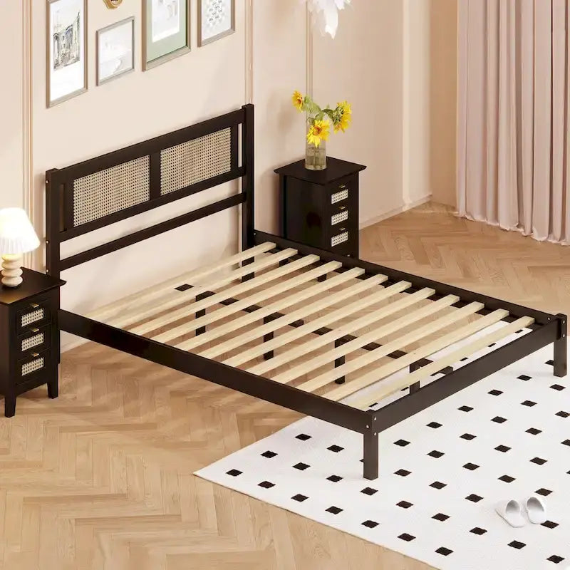 Wood Platform Bed with Rattan Headboard – White / Black, Bohemian Style