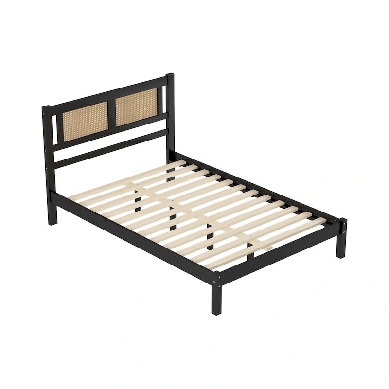 Wood Platform Bed with Rattan Headboard – White / Black, Bohemian Style