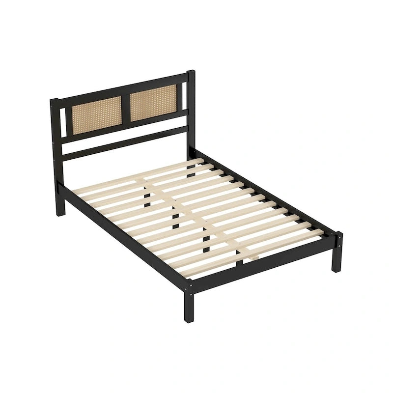 Wood Platform Bed with Rattan Headboard – White / Black, Bohemian Style