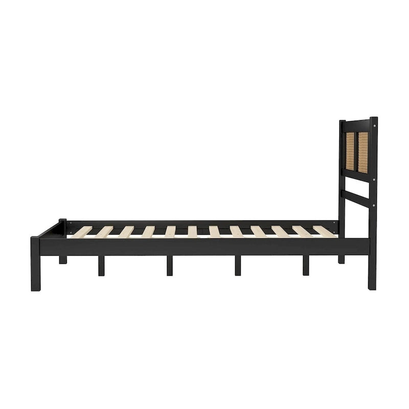 Wood Platform Bed with Rattan Headboard – White / Black, Bohemian Style