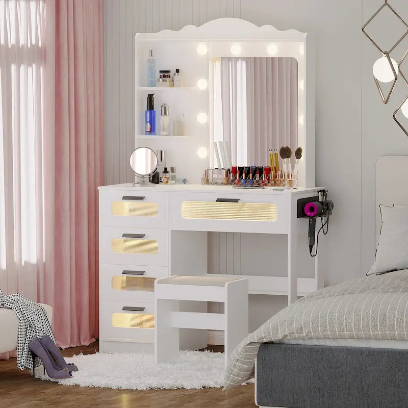 Makeup Vanity with 10-LED Mirror, 5 Drawers & Power Strip – White / Black / Grey, Modern Style
