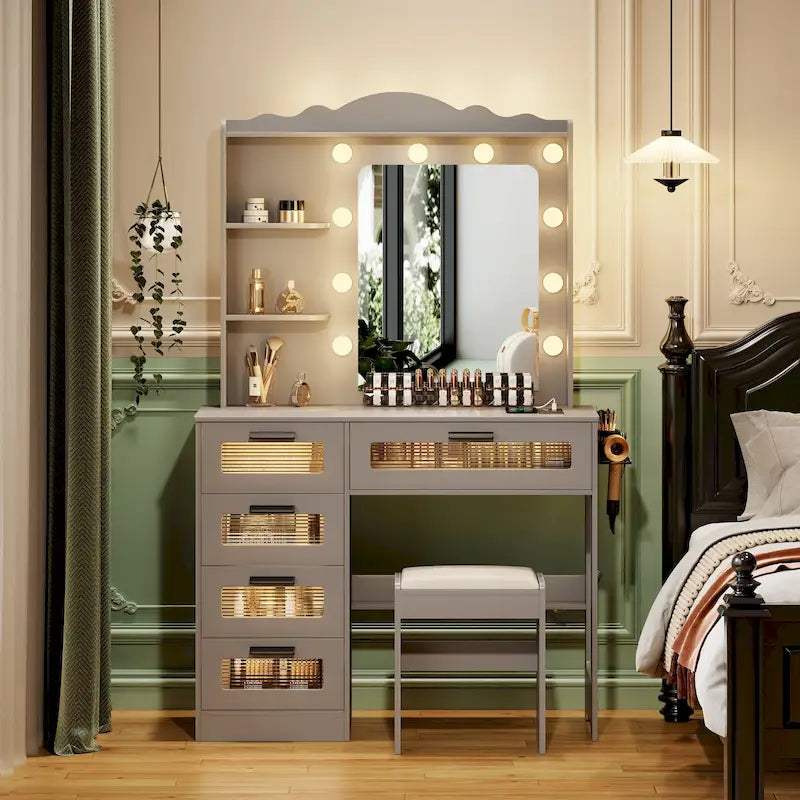 Makeup Vanity with 10-LED Mirror, 5 Drawers & Power Strip – White / Black / Grey, Modern Style