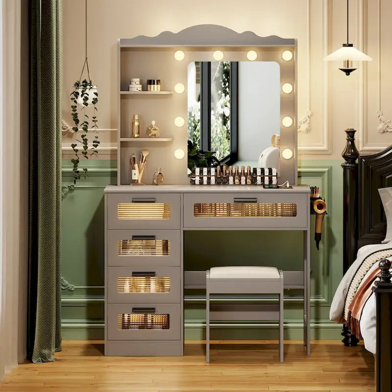 Makeup Vanity with 10-LED Mirror, 5 Drawers & Power Strip – White / Black / Grey, Modern Style