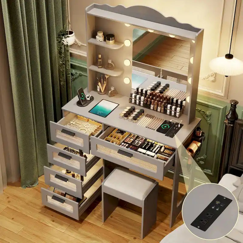 Makeup Vanity with 10-LED Mirror, 5 Drawers & Power Strip – White / Black / Grey, Modern Style