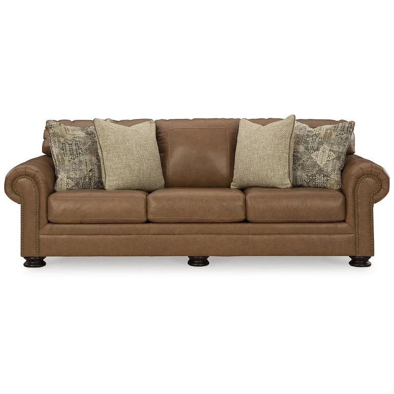 Queen Sofa Sleeper with Nailhead Trim & Memory Foam Mattress – Caramel, Transitional Style, Seats 3