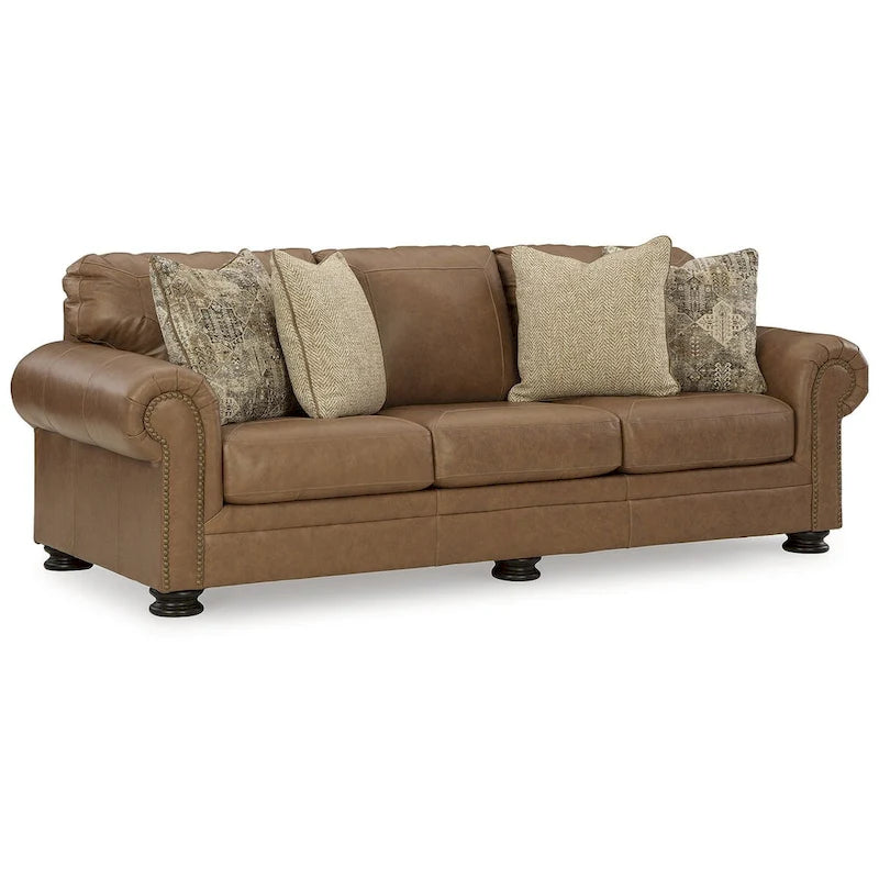 Queen Sofa Sleeper with Nailhead Trim & Memory Foam Mattress – Caramel, Transitional Style, Seats 3