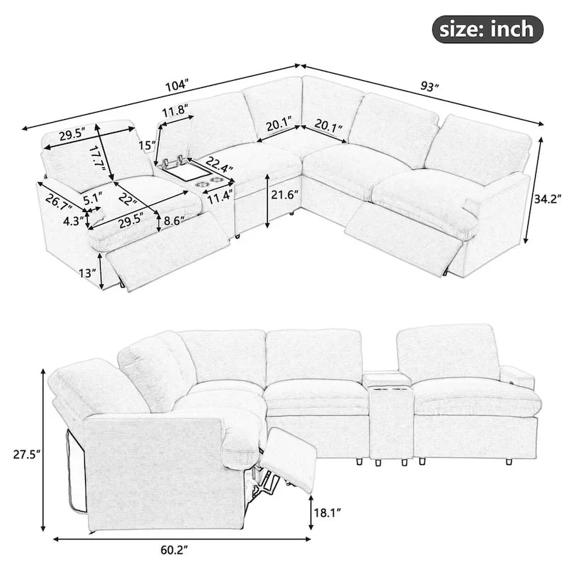 104 Power Recliner Corner Sectional Sofa Home Theater Reclining Sofa with Storage Box, Cup Holders, USB Ports and Power Socket