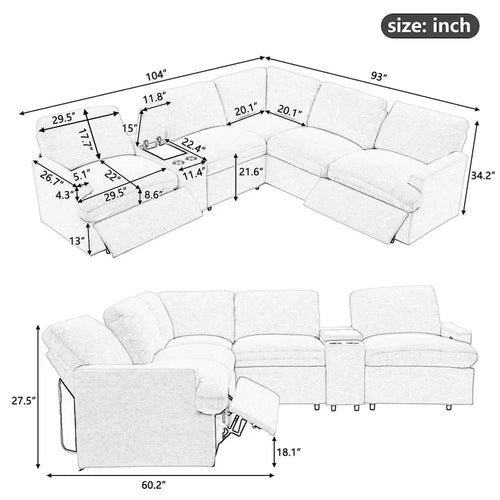 104 Power Recliner Corner Sectional Sofa Home Theater Reclining Sofa with Storage Box, Cup Holders, USB Ports and Power Socket