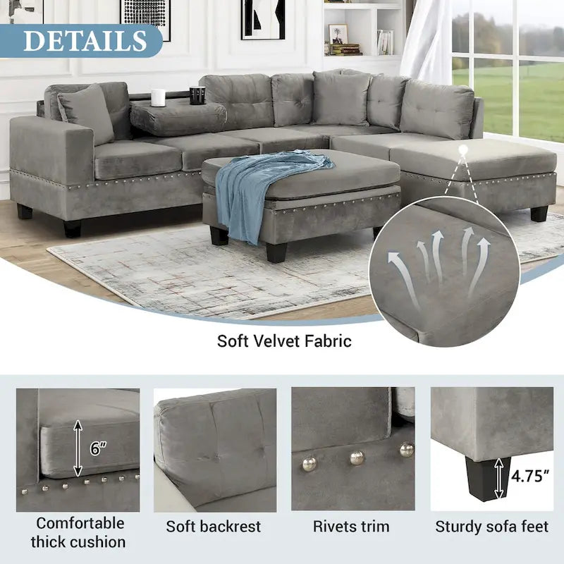 104.5-inch Modern L-shaped Sectional Sofa with Storage Ottoman and Reversible Chaise - 104.5W x 74.5D x 33.5H