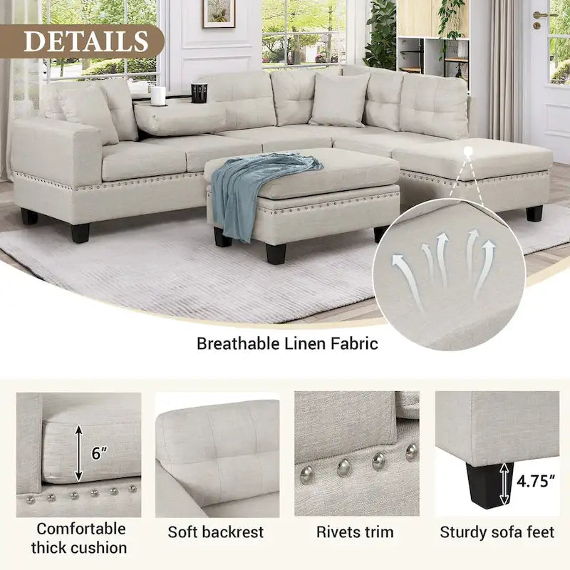 104.5-inch Modern L-shaped Sectional Sofa with Storage Ottoman and Reversible Chaise - 104.5W x 74.5D x 33.5H