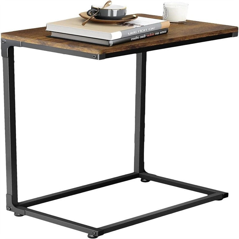 C-Shape Sofa Side End Table with Wood Top & Metal Frame – Rustic Brown, Modern Style