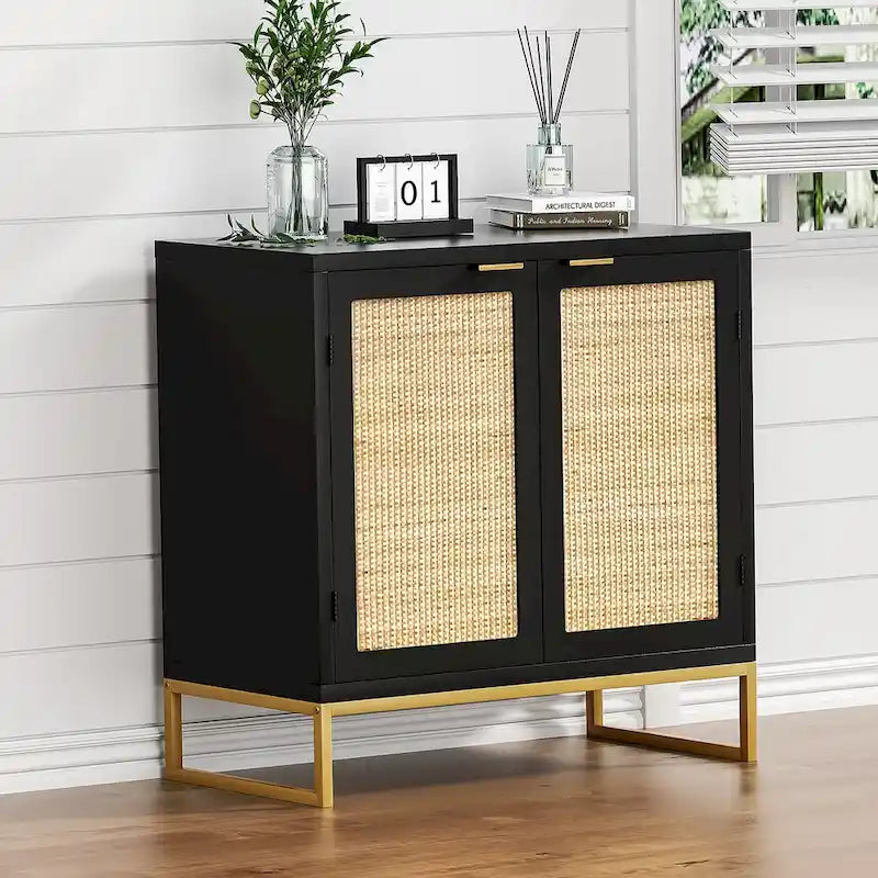 2-Door Rattan Buffet Sideboard – Black, Mid-Century Coastal Style