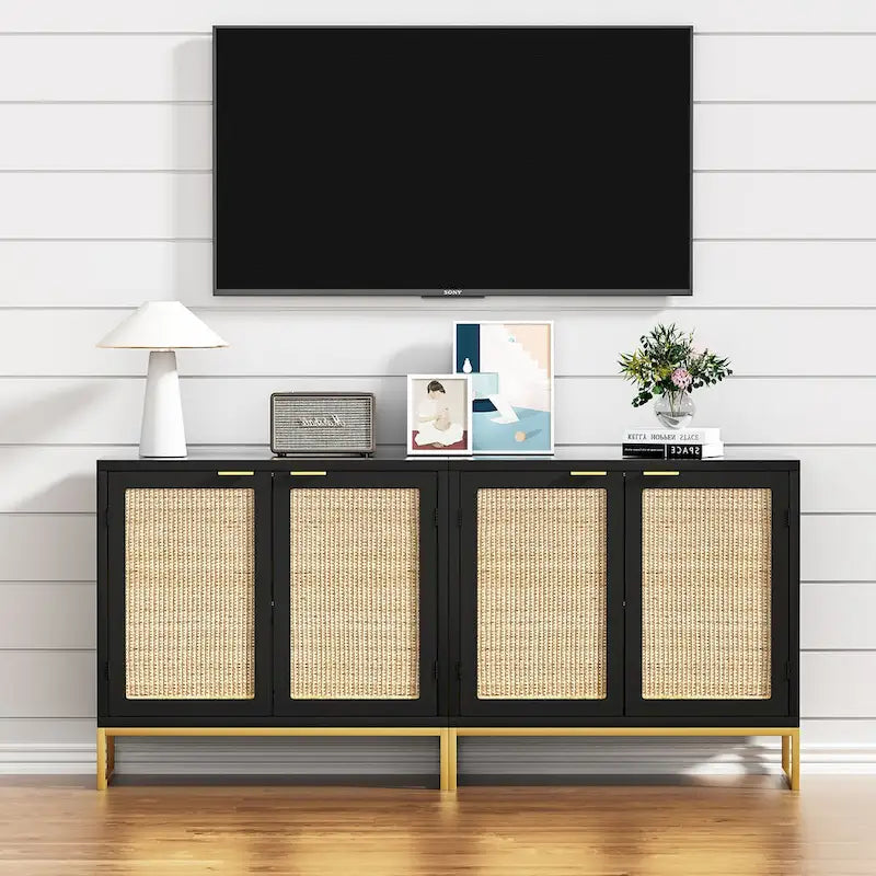 2-Door Rattan Buffet Sideboard – Black, Mid-Century Coastal Style