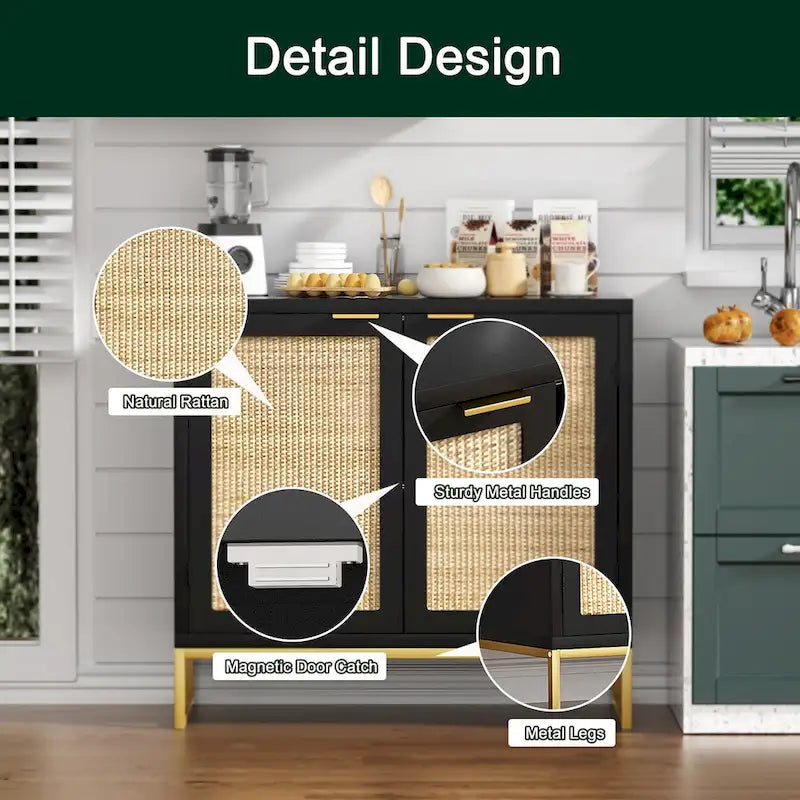 2-Door Rattan Buffet Sideboard – Black, Mid-Century Coastal Style