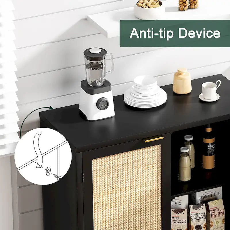 2-Door Rattan Buffet Sideboard – Black, Mid-Century Coastal Style