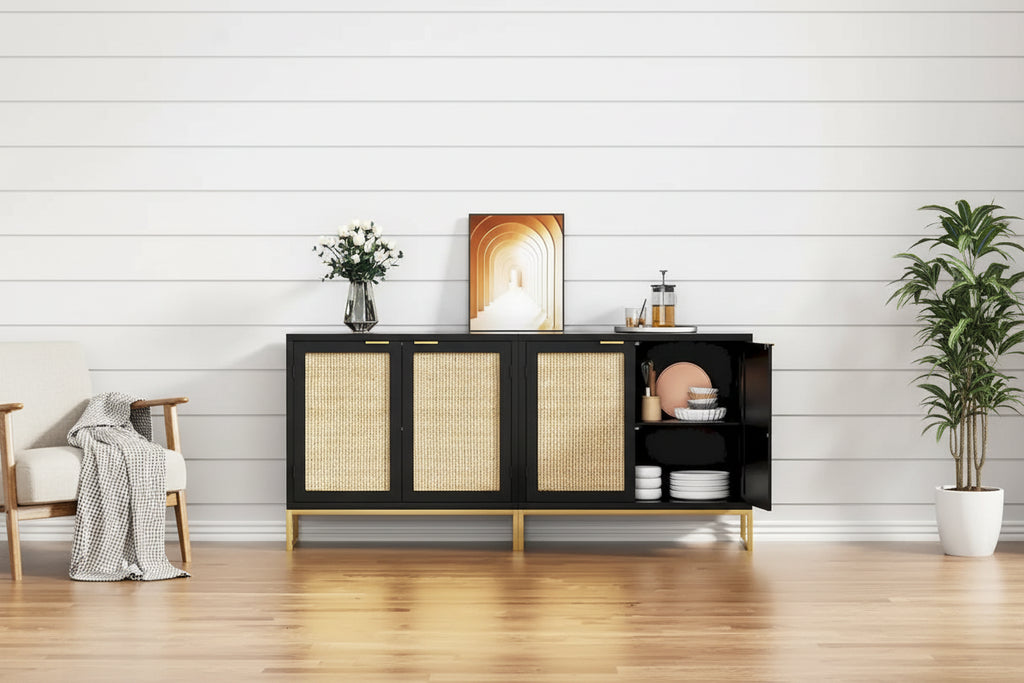2-Door Rattan Buffet Sideboard – Black, Mid-Century Coastal Style