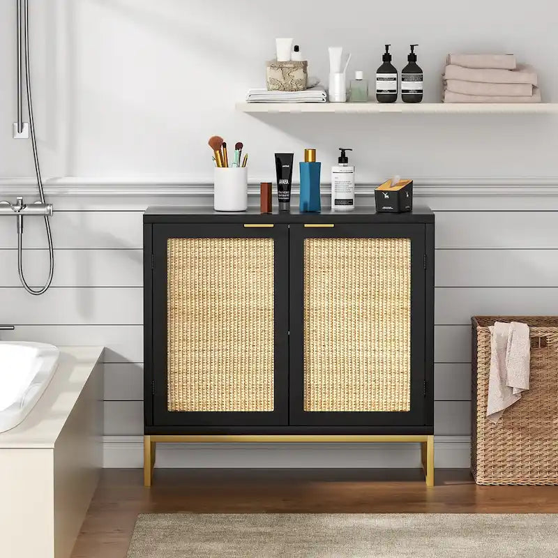 2-Door Rattan Buffet Sideboard – Black, Mid-Century Coastal Style