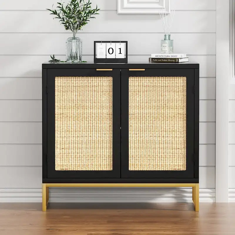 2-Door Rattan Buffet Sideboard – Black, Mid-Century Coastal Style