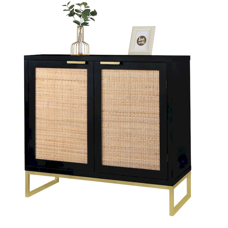2-Door Rattan Buffet Sideboard – Black, Mid-Century Coastal Style