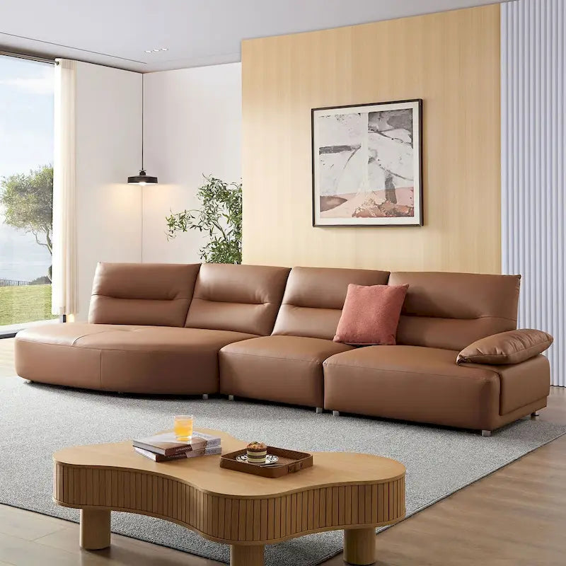 Leather Sectional Curved Shaped Sofa Couch for Living Room,Upholstered 4-Seat Sofa Set