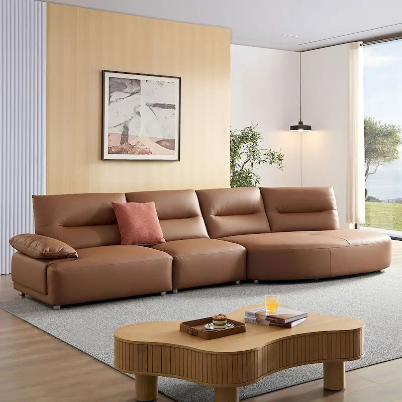 Leather Sectional Curved Shaped Sofa Couch for Living Room,Upholstered 4-Seat Sofa Set