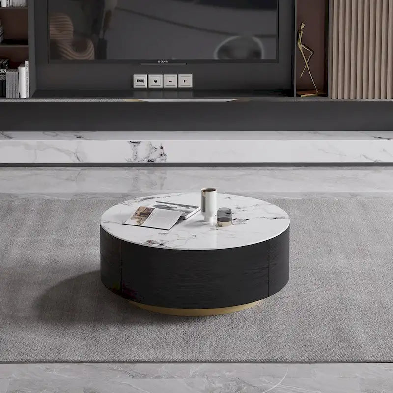 Round Sintered Stone Coffee Table with 2 Drawers & Gold Base – White / Black, Modern Style