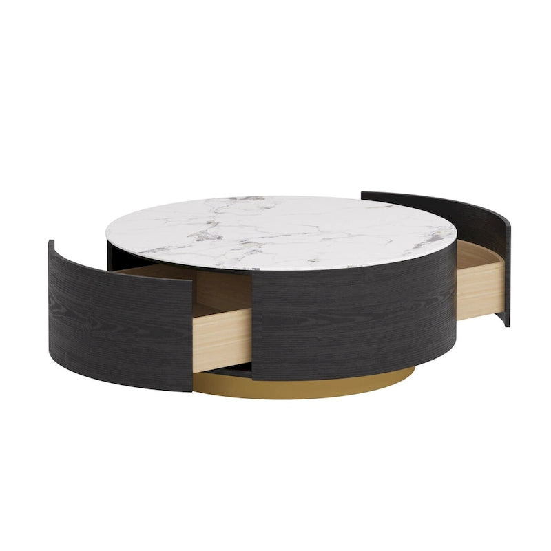 Round Sintered Stone Coffee Table with 2 Drawers & Gold Base – White / Black, Modern Style