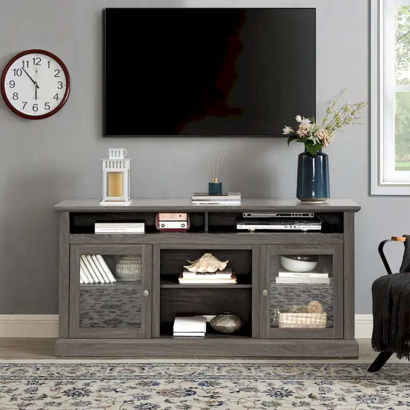 60" TV Stand with Cable Management & Open Shelf – Dark Walnut / Brown / Grey, Classic Style, for TVs up to 65"
