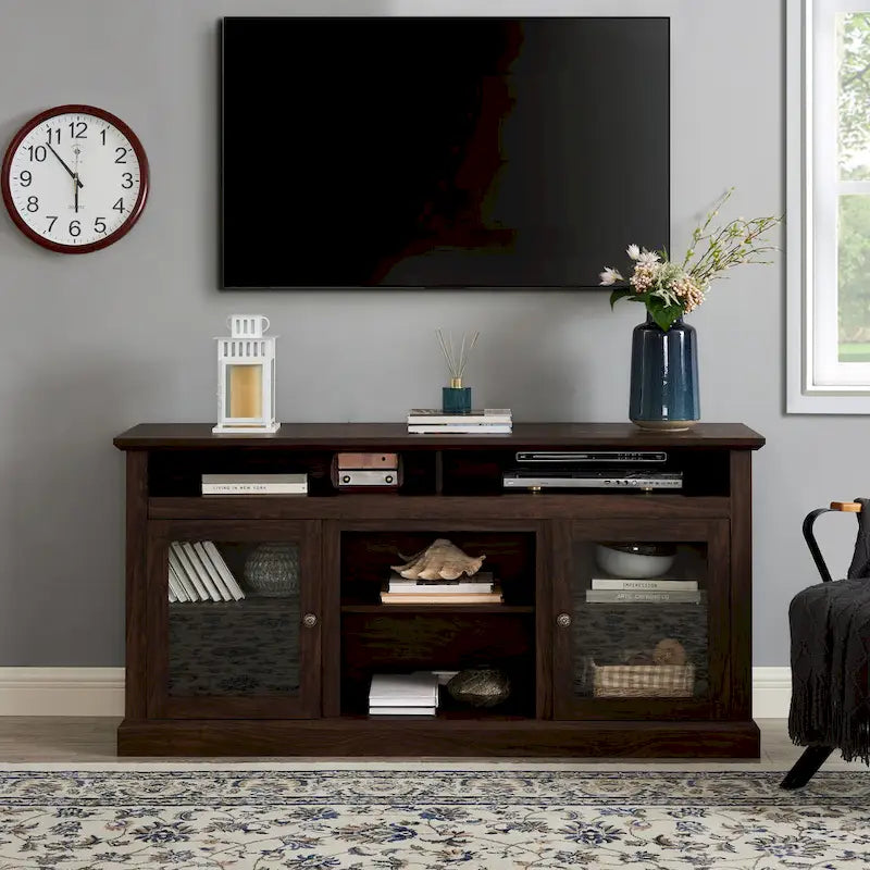 60" TV Stand with Cable Management & Open Shelf – Dark Walnut / Brown / Grey, Classic Style, for TVs up to 65"