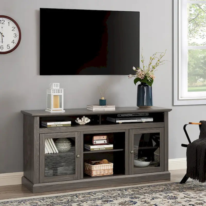 60" TV Stand with Cable Management & Open Shelf – Dark Walnut / Brown / Grey, Classic Style, for TVs up to 65"